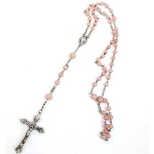 VTG Pink Bead‎ Rosary Miraculous Medal Virgin Mary Silver Tone Crucifix Necklace